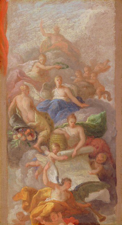 Eine Skizze der Dankbarkeit gekrönt von Frieden, mit anderen allegorischen Figuren von Industrie, Ruhm und Fülle, ca. 1712-13 von James Thornhill